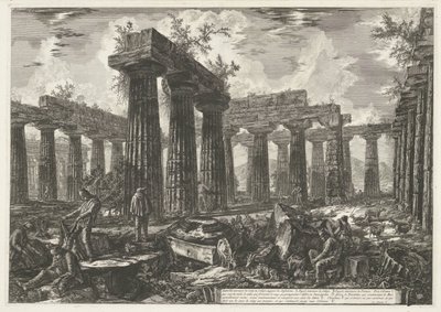 Basilica di Paestum te Paestum (Verschillende weergaven van de resten van drie grote gebouwen die nog steeds staan te Paestum) door Giovanni Battista Piranesi