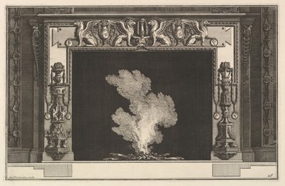 Schouwstuk: Beledigde griffioenen op de latei en kandelabers op de stijlen door Giovanni Battista Piranesi