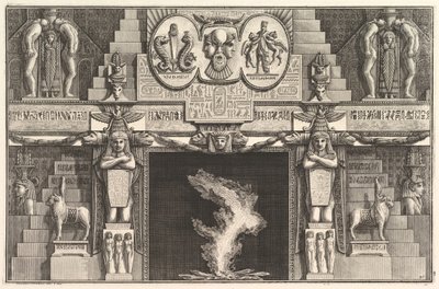 Schouw in Egyptische stijl: Groepen van drie vrouwelijke naakten aan de basis van elke j..., ca. 1769 door Giovanni Battista Piranesi