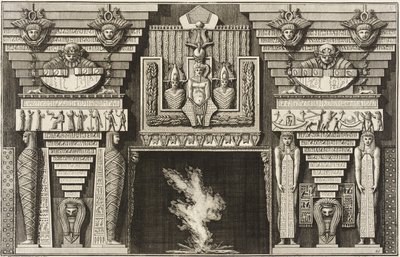 Schoorsteenmantel in Egyptische stijl: twee mummies in profiel links en twee figuren die rechts obelisken dragen. door Giovanni Battista Piranesi