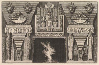Schouw in Egyptische stijl: Twee mummies in profiel links en twee figuren..., ca. 1769 door Giovanni Battista Piranesi