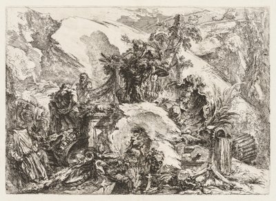Groteschi: Ruïnes met doodshoofd en skelet door Giovanni Battista Piranesi