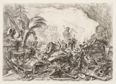 Groteschi: Ruïnes met een standbeeld van een faun en een gevallen zuil, ca. 1745-50 door Giovanni Battista Piranesi