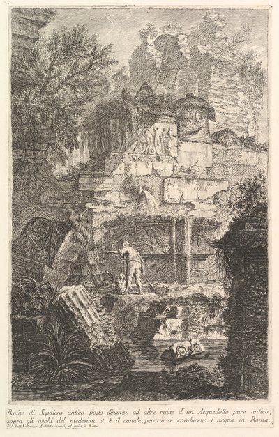 Ruïnes van een oud graf voor ruïnes van een oud aquaduct, ca. 1750 door Giovanni Battista Piranesi