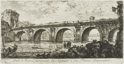 De brug in Rimini gebouwd door de keizers Augustus en Tiberius, plaat 16 uit Enkele uitzichten van triomfbogen en andere monumenten door Giovanni Battista Piranesi