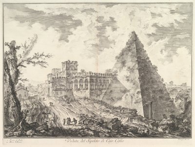 De Piramide van Caius Cestius, met de Porta S. Paolo en aangrenzende weg Veduta del S..., ca. 1755 door Giovanni Battista Piranesi