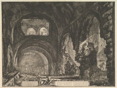 De zogenaamde Villa van Maecenas in Tivoli. Interieur met twee figuren in de opening van..., ca. 1764 door Giovanni Battista Piranesi
