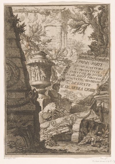Titelprent met titel op marmeren blok in een landschap met ruïnes (Eerste deel van Architectuur en Perspectieven) door Giovanni Battista Piranesi