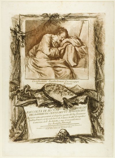 Titelpagina: Verzameling van verschillende tekeningen gegraveerd naar Barbieri da Cento (bekend als Guercino) gegraveerd op koper en gepresenteerd aan Thomas Jenkins, schilder en lid van de Academie van Sint Lucas, uit respect en vriendschap van zijn mede door Giovanni Battista Piranesi