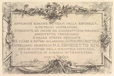 Titelpagina: Romeinse Oudheid van de Tijd van de Republiek en de Eerste Keizers Antich..., ca. 1748 door Giovanni Battista Piranesi