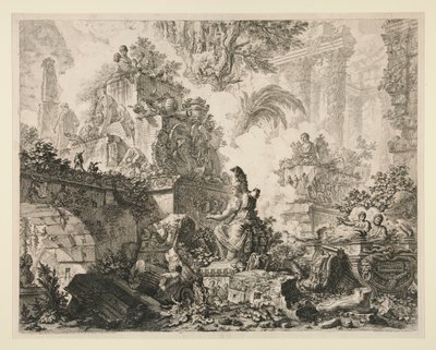 Vedute di Roma: Frontispice met standbeeld van Minerva door Giovanni Battista Piranesi