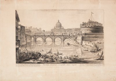 Gezicht op de brug en de Engelenburcht, het Mausoleum van Hadrianus, met boten op de Tiber op de voorgrond en de koepel van de Sint-Pietersbasiliek op de achtergrond door Giovanni Battista Piranesi