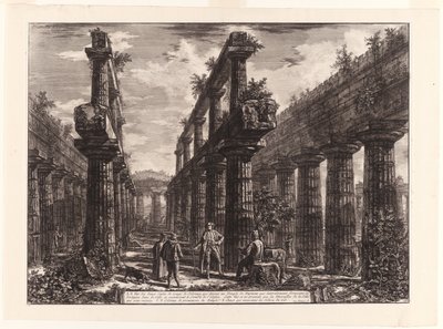 Uitzicht op de Overblijfselen van de Twee Rijen Kolommen in de Tempel van Neptunus die oorspronkelijk de zuilengangen langs de zijkanten van de cella vormden en het bovenste deel van het dak ondersteunden, uit Verschillende Uitzichten van Paestum door Giovanni Battista Piranesi
