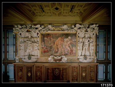 De Plundering van Troje of Catania, detail van het decoratieve schema in de Galerij van Frans I (1494-1547) 1535-40 door Giovanni Battista Rosso Fiorentino
