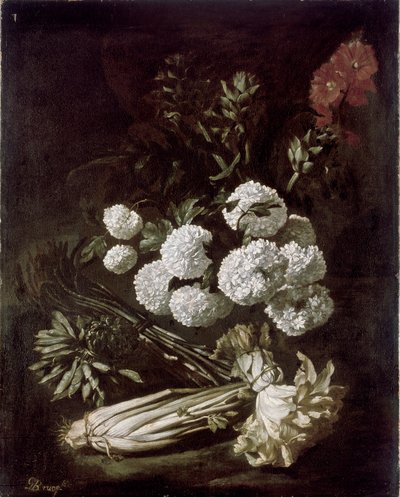 Stilleven van bloemen en groenten door Giovanni Battista Ruoppolo