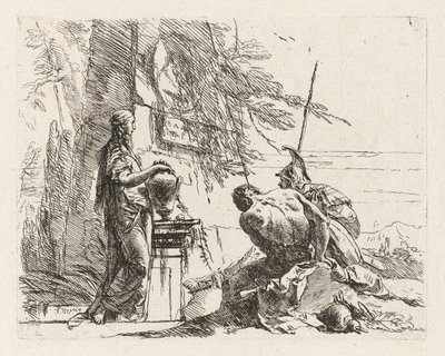Een vrouw met haar handen op een vaas, een soldaat en een slaaf, uit Vari capricci (Verschillende Capriccio