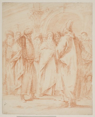 Een groep mannen verzameld voor een poort door Giovanni Battista Tiepolo