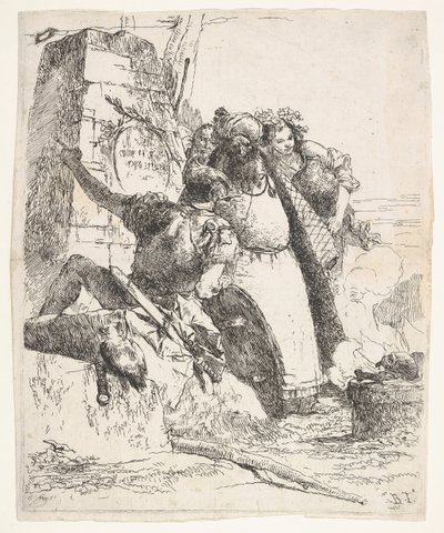 Een scène van necromantie: een vrouw met een vat, een geturband man en een soldaat kijken... door Giovanni Battista Tiepolo