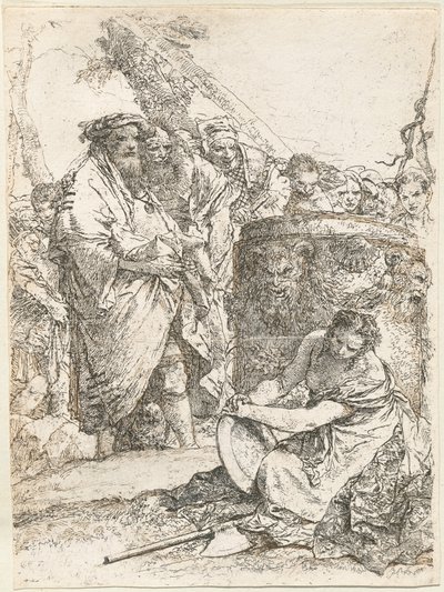 Tovenaar en andere figuren voor een brandend altaar met schedel en botten door Giovanni Battista Tiepolo