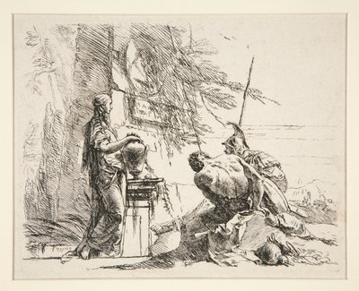 Staande vrouw en zittende man voor een obelisk, uit de serie Vari Capricci door Giovanni Battista Tiepolo