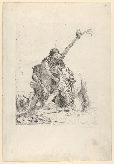 Drie mannen naast een paard, uit de Scherzi, ca. 1740 door Giovanni Battista Tiepolo
