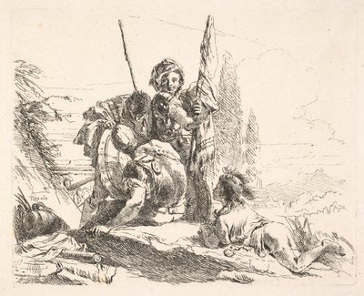 Drie soldaten en een jongeling liggend op zijn buik in een landschap, de soldaten dragen een... door Giovanni Battista Tiepolo