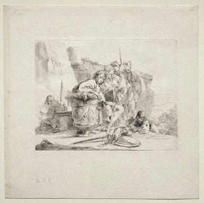 Verschillende Caprices: De jonge man zittend, leunend tegen een urn door Giovanni Battista Tiepolo