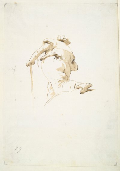 Wandelende mannelijke figuur schuin van onderen gezien door Giovanni Battista Tiepolo