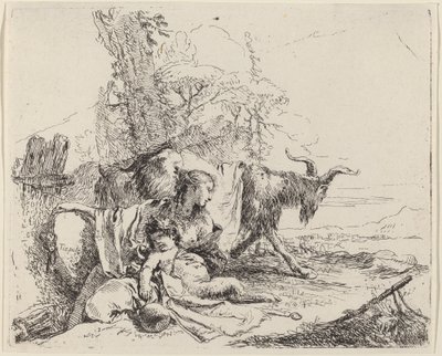 Vrouw, satyrkind en geit in een landschap door Giovanni Battista Tiepolo