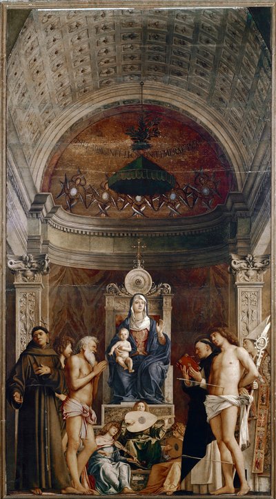 Altaarstuk van Sint Job: Maagd en Kind met zes heiligen en muzikale engelen. door Giovanni Bellini