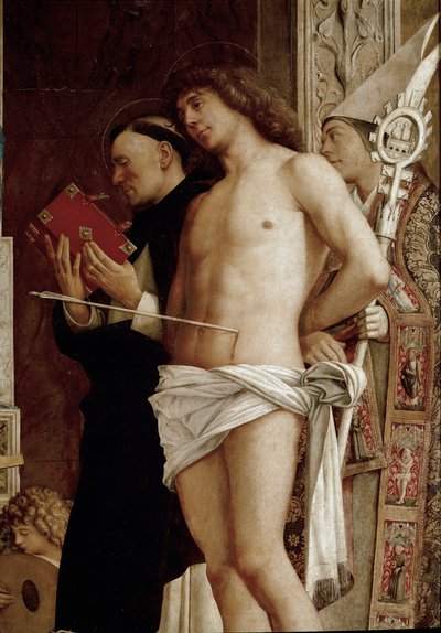 Altaarstuk van Sint Job: Maagd en Kind met zes heiligen en muzikale engelen (detail) door Giovanni Bellini
