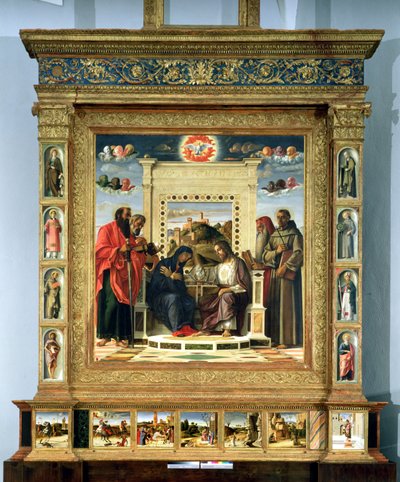 Kroning van de Maagd met SS. Paulus, Petrus, Hiëronymus en Franciscus van Assisi met scènes uit het leven van de heiligen in het predellapaneel, bekend als het Pala di Pesaro altaarstuk, c.1474 door Giovanni Bellini