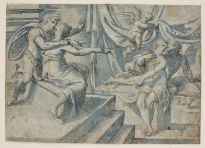 Een verliefd paar op een bed wordt onthuld door een putto voor een Romeinse soldaat en zijn vrouw door Giovanni Bellini