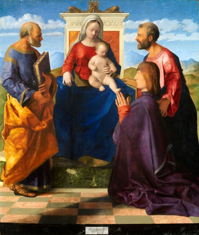 Madonna en kind op de troon met SS. Petrus en Paulus en een schenker, 1505 door Giovanni Bellini