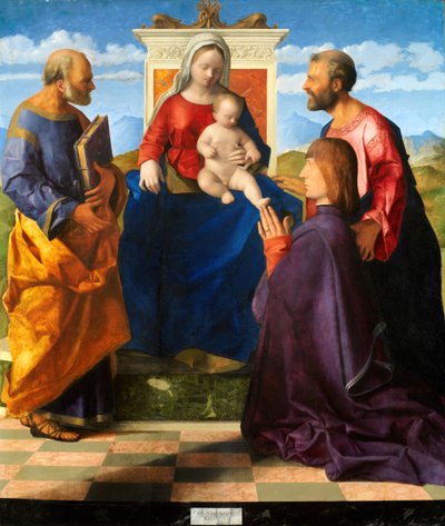 Madonna en Kind Enthroned met Heiligen en Donor door Giovanni Bellini