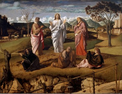 De transfiguratie van Christus. De personages van het Oude Testament Mozes en Elia zijn rond Jezus afgebeeld. De handtekening van de kunstenaar is weergegeven op een papier in de voorgrond. Schilderij door Giovanni Bellini genaamd il Giambellino (1432) door Giovanni Bellini