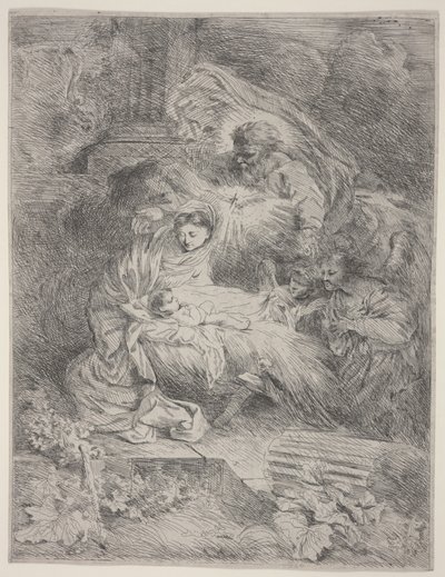 De Geboorte met God de Vader, de Duif van de Heilige Geest en Engelen door Giovanni Benedetto Castiglione