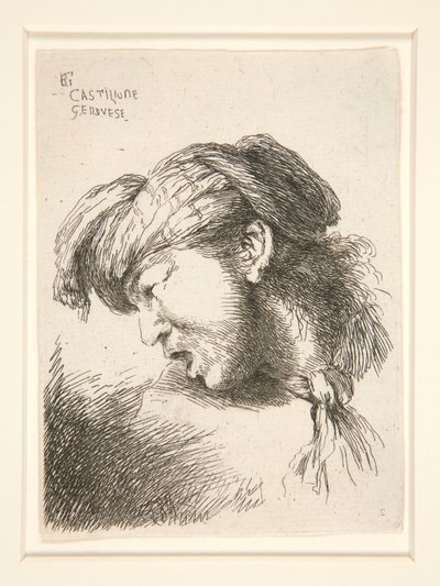 Een man zonder baard, gezien in profiel en naar rechts gedraaid. Zijn mond is open alsof hij wil schreeuwen, uit de serie Les petites tetes door Giovanni Benedetto Castiglione