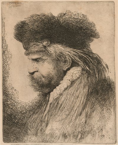 Baardige man in een bontmuts, naar links gericht door Giovanni Benedetto Castiglione