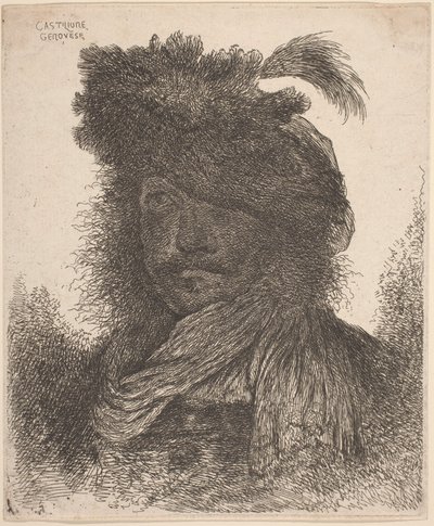 Baardige man met schaduwgezicht, met een sjaal en een gevederde hoed door Giovanni Benedetto Castiglione