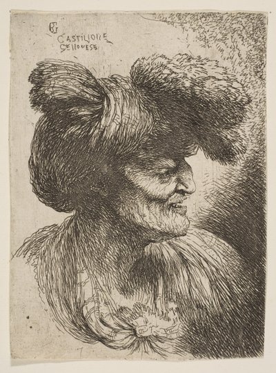 Buste van een oude man zonder baard in profiel naar rechts, uit de serie Kleine Hoofden door Giovanni Benedetto Castiglione