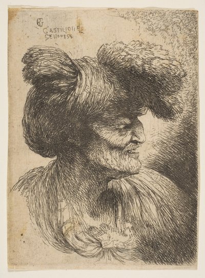 Buste van een Oude Man zonder Baard in Profiel door Giovanni Benedetto Castiglione