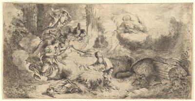 God de Vader en Engelen die het Christuskind Aanbidden door Giovanni Benedetto Castiglione