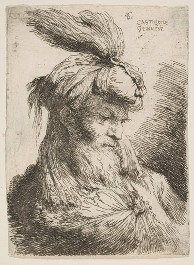 Hoofd van een bebaarde man met een tulband naar rechts gericht, uit de serie Kleine Hoofden..., ca. 1645-1650 door Giovanni Benedetto Castiglione