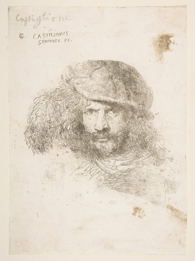 Hoofd van een man met een gevederde hoed mogelijk Bernini, mogelijk een zelfportret, ca. 1645-1650 door Giovanni Benedetto Castiglione