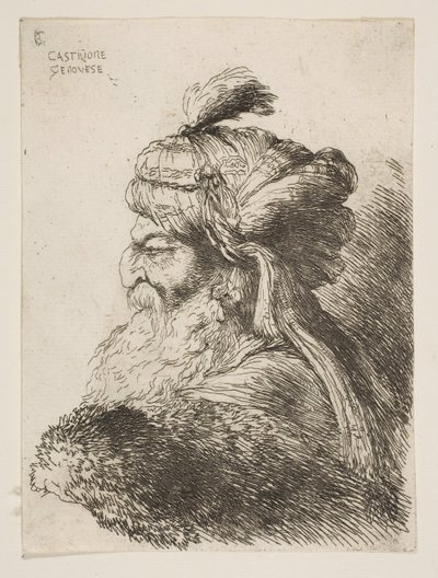 Hoofd van een oude man met tulband naar links, uit de serie van Kleine Hoofden, ca. 1645-1650 door Giovanni Benedetto Castiglione