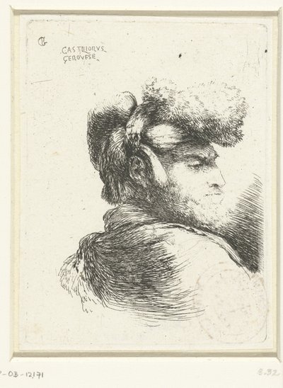Hoofd van een man met een hoofdeksel afgezet met bont Kleine studie van hoofden met oosterse hoofddeksels (serie titel) door Giovanni Benedetto Castiglione