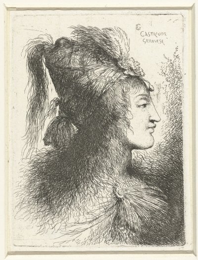 Hoofd van jongeman met hoge muts Hoofd van een jonge vrouw Kleine studie van hoofden met oosterse hoofddeksels (serie titel) door Giovanni Benedetto Castiglione