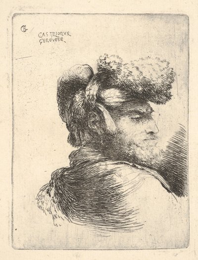 Man in profiel naar rechts kijkend, met een bontmuts, uit de serie Kleine Hoofden in het Oosten door Giovanni Benedetto Castiglione