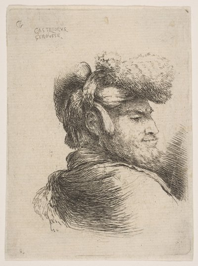 Man in profiel naar rechts, met een bontmuts, uit de serie van Kleine Hoofden in Orië... door Giovanni Benedetto Castiglione